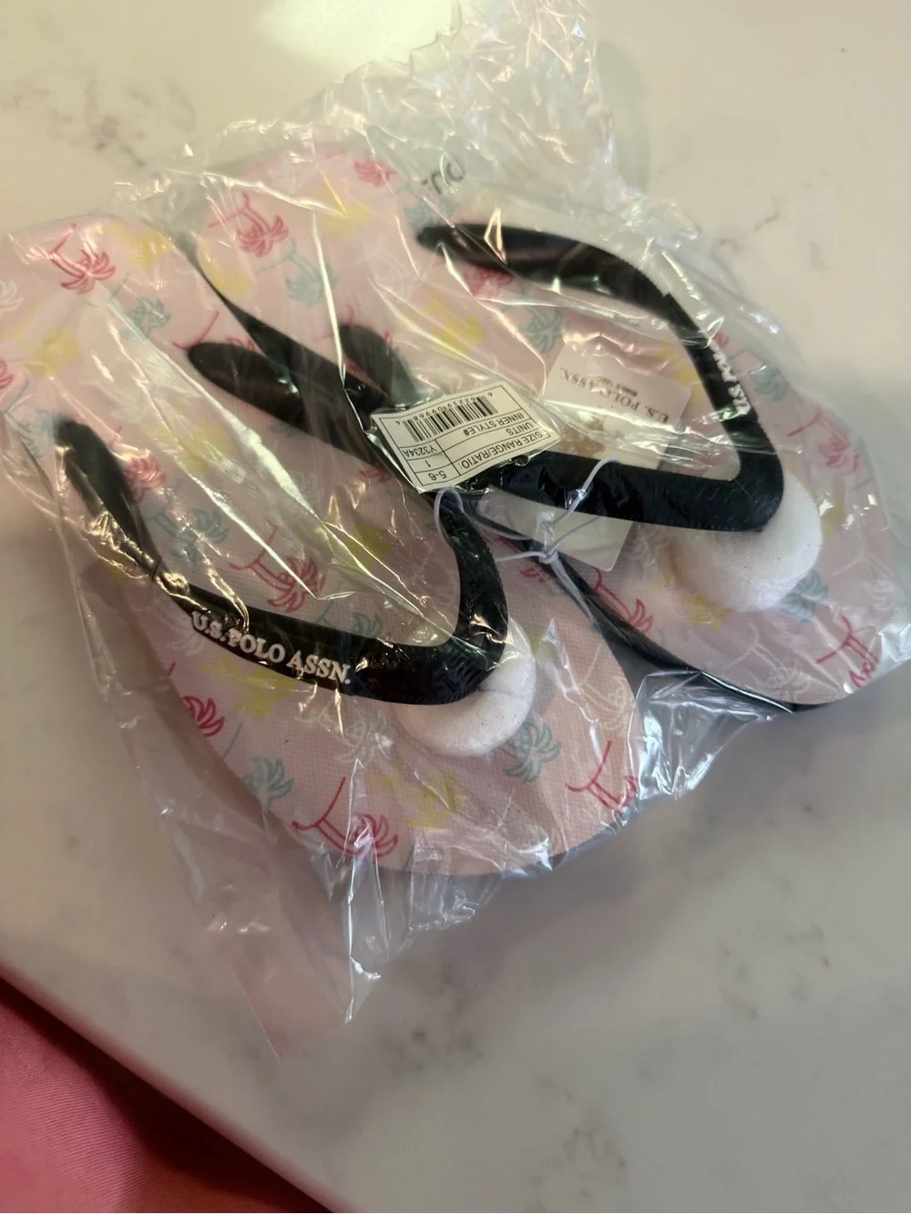 Womens Flip Flops - Pink Palm Print with Black Straps